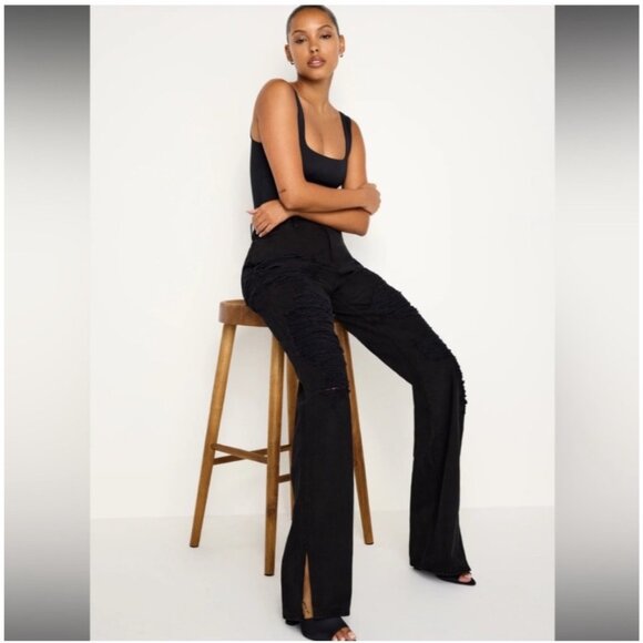 NEW Good American Khloé Long Distressed High-Rise Black Relaxed Denim Jeans 16 - Picture 4 of 16